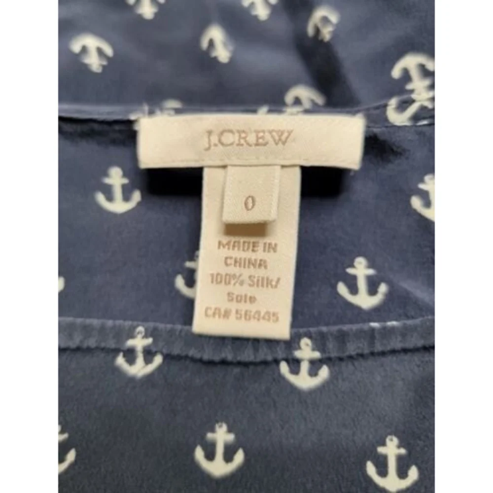 J Crew 100% Silk‎ Button Shoulder Accent Anchor Print Blouse Size 0